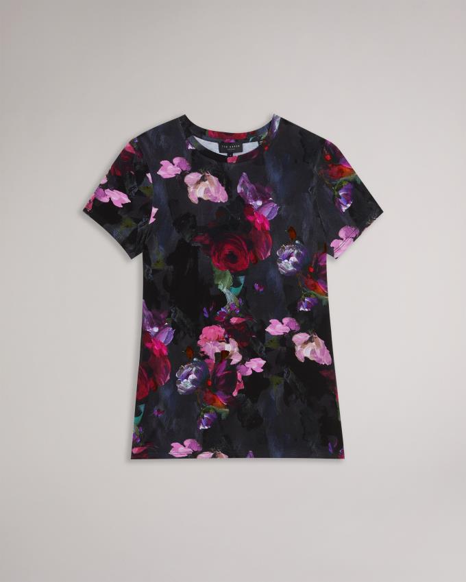 T-Shirt Ted Baker Painted Floral Print Fitted Noir Femme | TIO-56276963